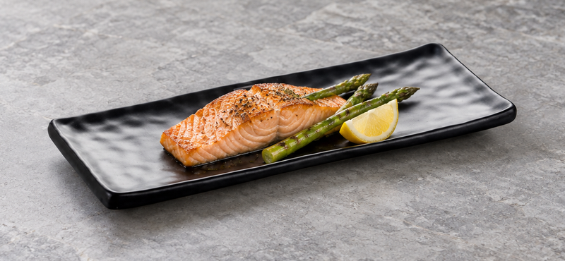 Fish and vegetables arranged on the YG-5411MB rectangular platter