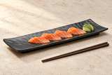 YG-5314MB: Melamine Rectangular Ripple Platter 13-1/2", Matte Black. Restaurant serving context