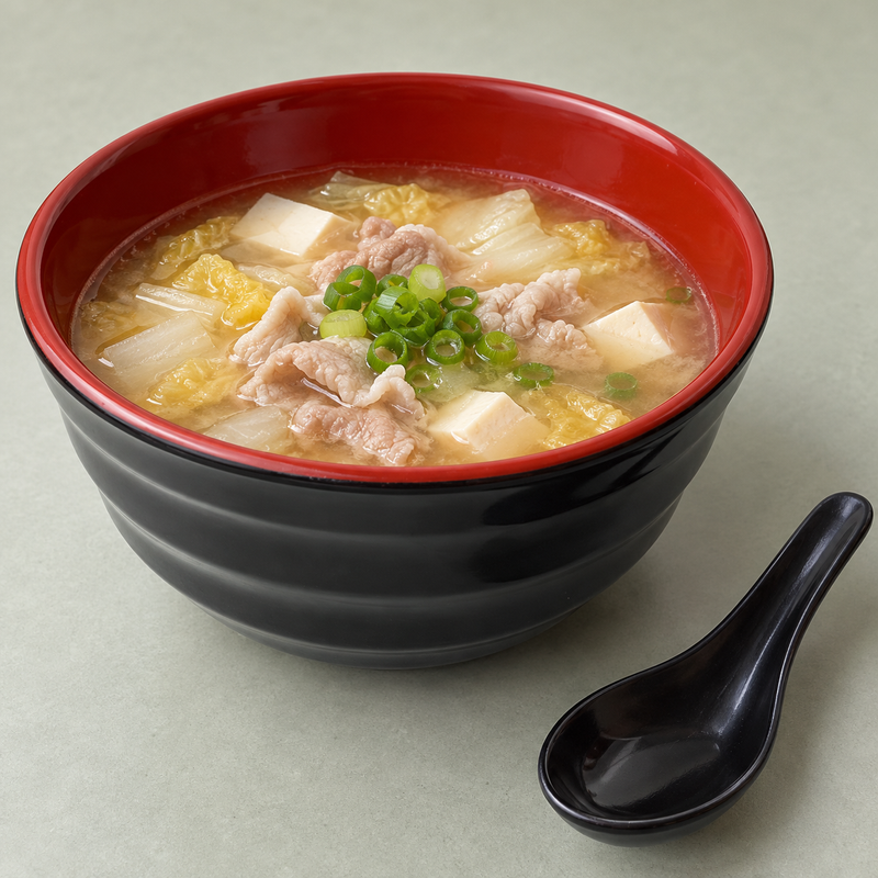 Black and red bowl of soup with tofu, cabbage, sliced meat and scallions.