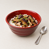 6¾″ Burgundy & Black Dot Melamine Bowl — Made in Korea, Styled view