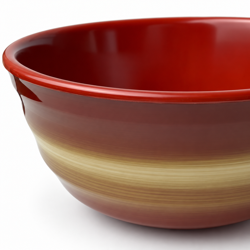 Detail of the yellow exterior band and red interior of the B-8008RL melamine bowl