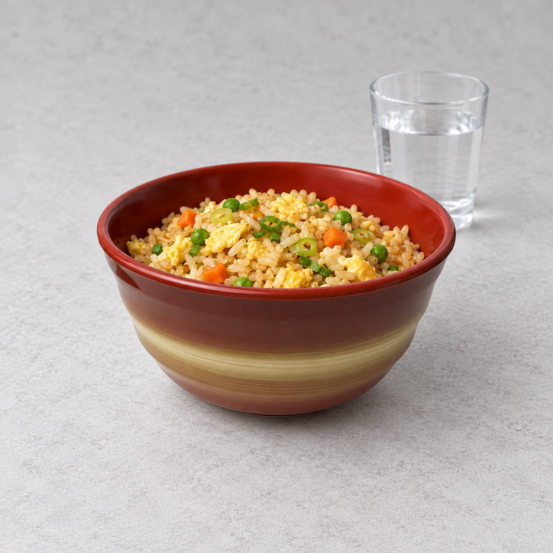 Red and yellow B-8008RL melamine bowl holding fried rice