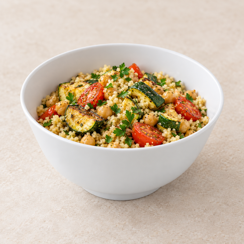 White 6.5-inch melamine bowl serving grains and vegetables