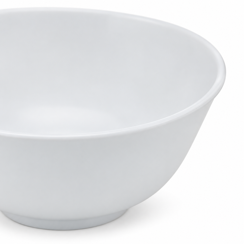 Curved white walls, round rim and small foot of the 6.5-inch melamine bowl