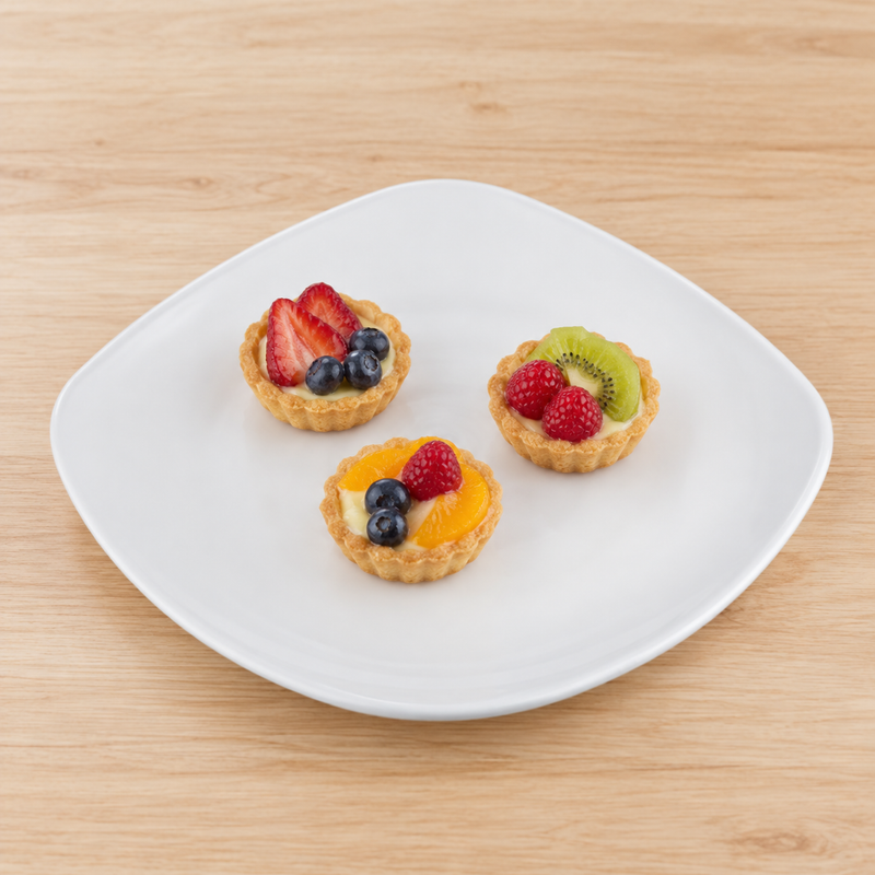 Three petite fruit tarts on the WB-W814 white melamine serving plate