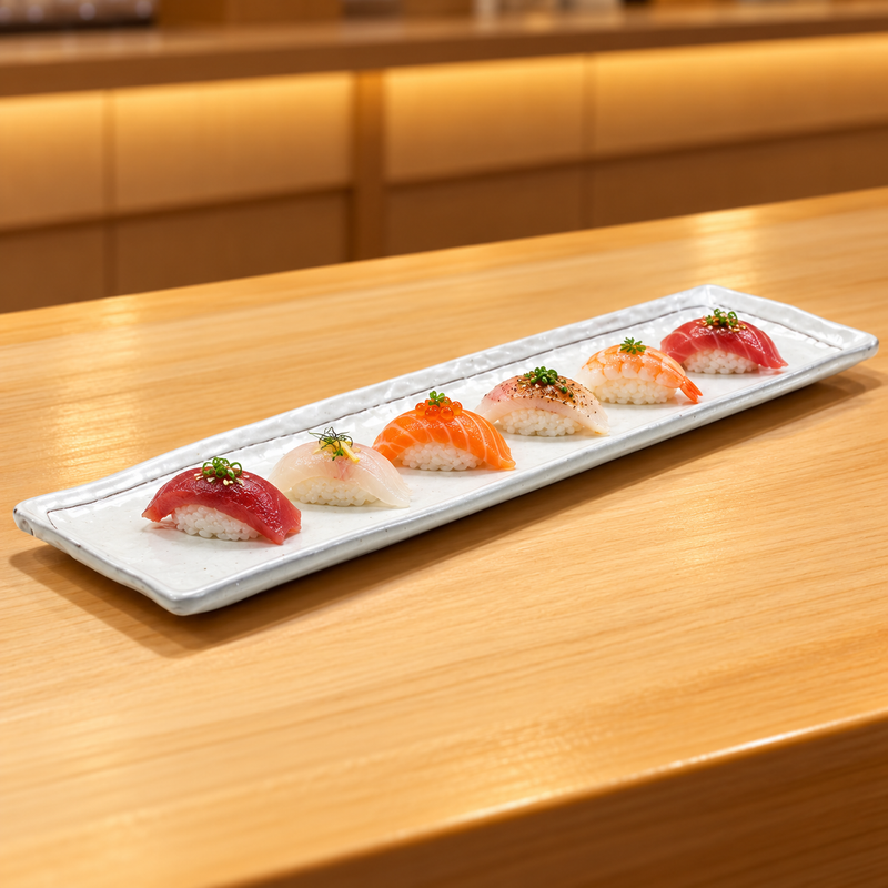 Pearl Elegant long rectangular platter with six nigiri