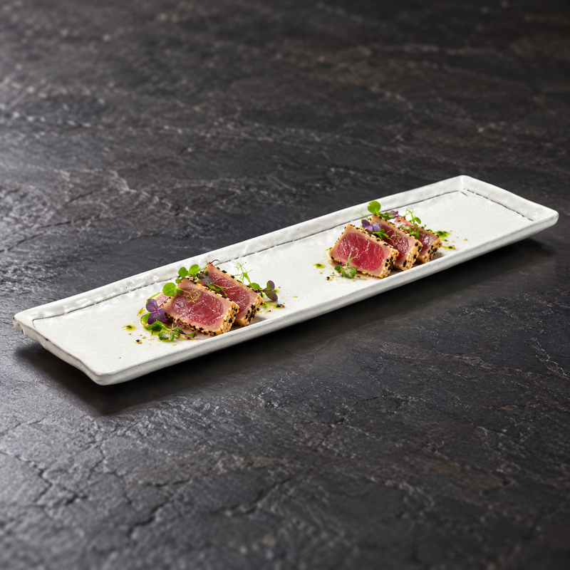 Pearl Elegant long rectangular platter with seared tuna
