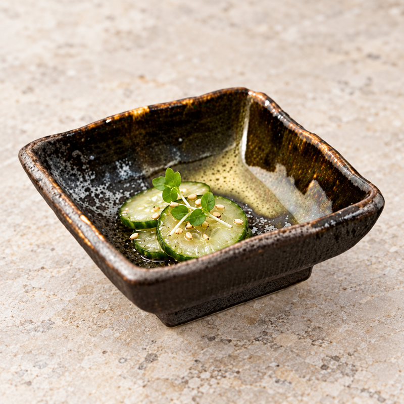 MP23-2 square sauce dish with a small cucumber pickle portion