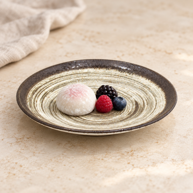 6½″ Beige & Dark Brown Spiral Ceramic Side Plate — leave room around a small dessert