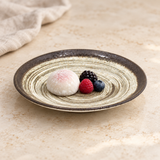 MS265-AS beige and brown spiral ceramic plate with mochi and berries