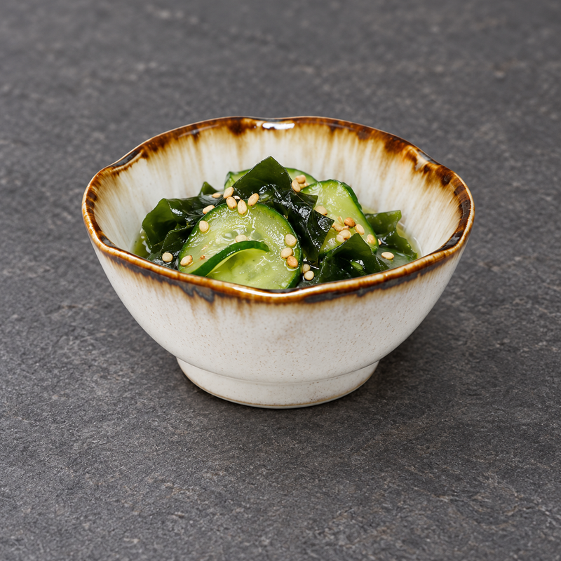 Serving suggestion with cucumber, seaweed and sesame in the 3 fl. oz. cream-and-brown bowl.