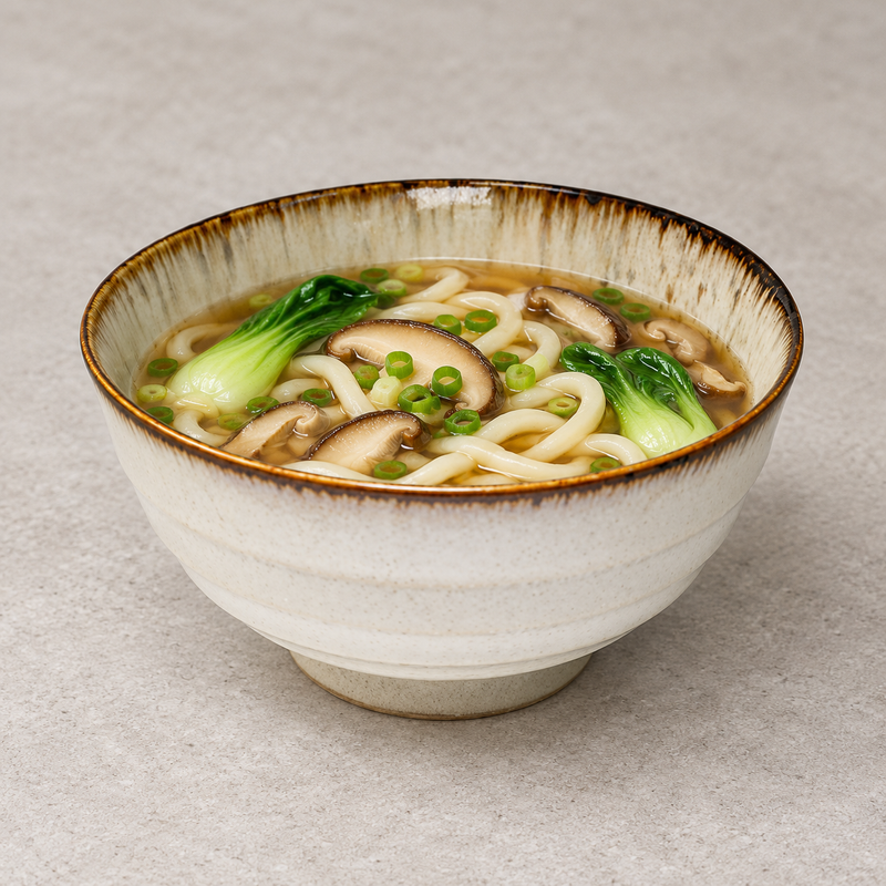 Serving suggestion with udon noodles, mushrooms and green vegetables in the 32 fl. oz. cream-and-brown bowl.