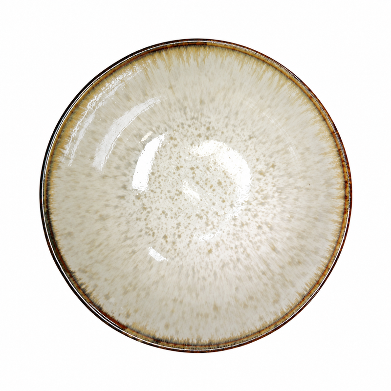 Overhead view of the wide cream-white bowl with fine gray-brown speckling and a thin brown rim.