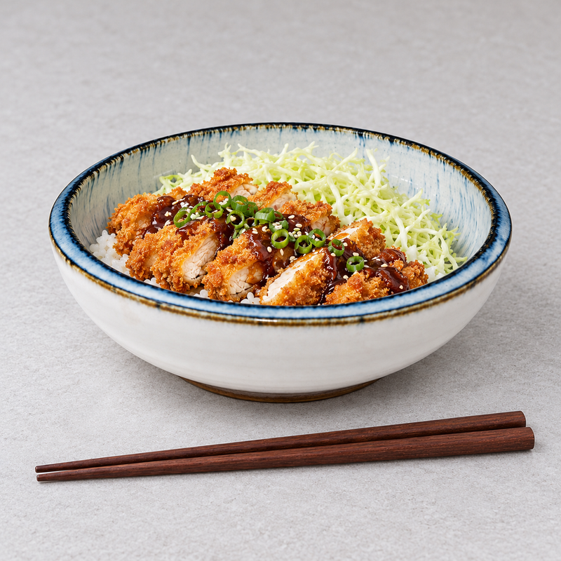 Wide pale blue and white bowl with sliced golden cutlet, shredded vegetables and rice, with brown chopsticks alongside.