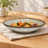 MS590-WF feathered-glaze ceramic plate with roasted vegetables