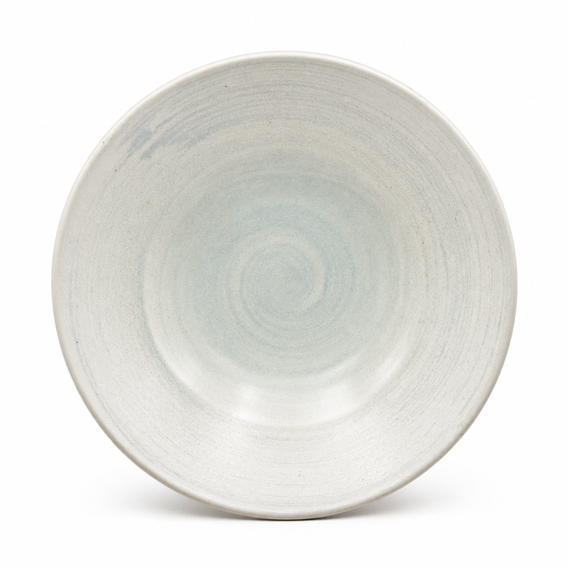 Overhead view of a wide, shallow pale beige and blue ceramic bowl with fine mottling and subtle concentric contours.