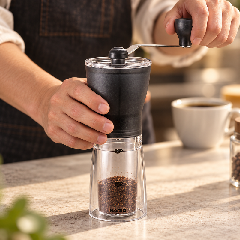 HARIO MSS-1DTB slim coffee mill held while turning its hand crank