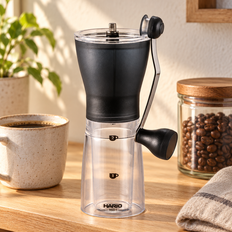 HARIO MSS-1DTB coffee mill with crank stored along its side at a coffee station