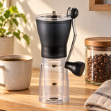 HARIO MSS-1DTB coffee mill with crank stored along its side at a coffee station