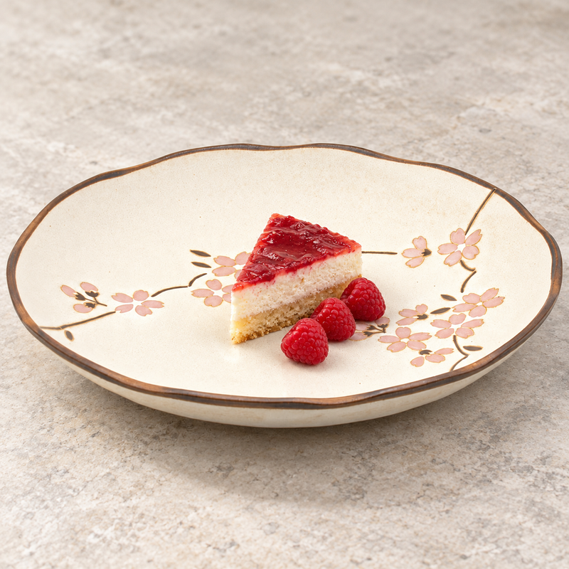 MT210-HWH beige Sakura ceramic plate with a small cake slice and berries