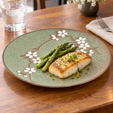 Green Sakura round plate with fish and asparagus