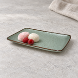 MT211-GR light green porcelain rectangular platter with mochi and raspberries