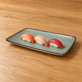 MT211-GR light green porcelain rectangular platter with three nigiri pieces