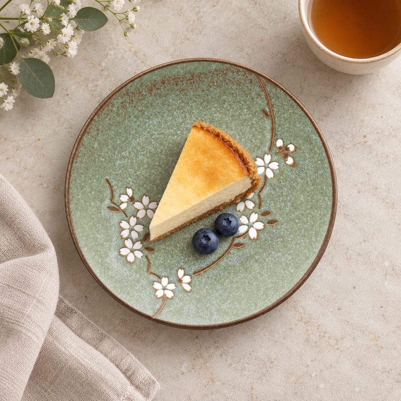 Green Sakura round plate with cheesecake and two blueberries