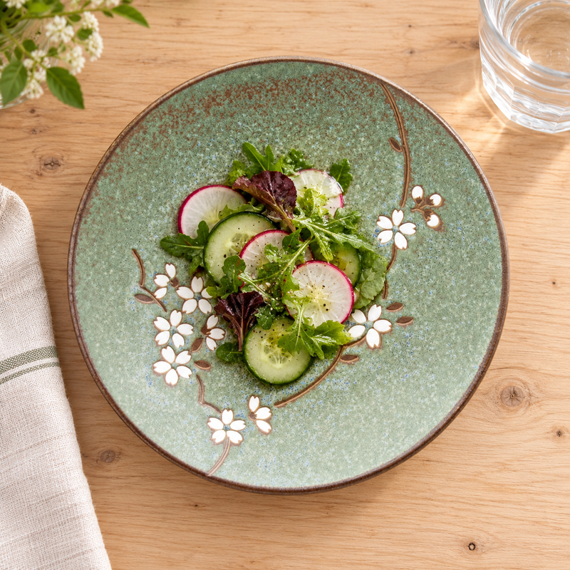 Green Sakura round plate with a small cucumber and radish salad