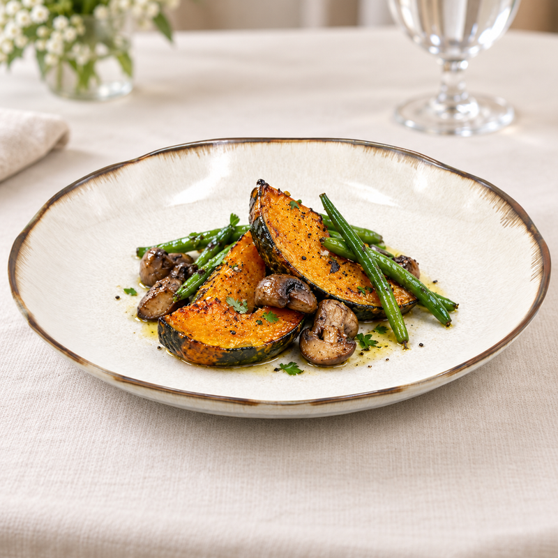 Beige brown-rim ceramic dinner plate with roasted squash, mushrooms and green beans