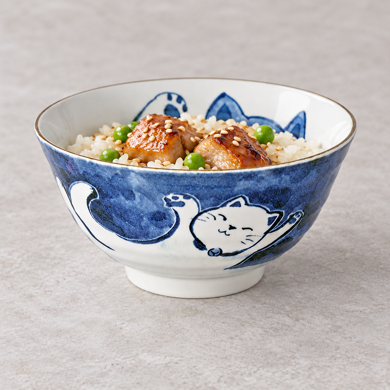 Navy cat bowl holding rice with browned chicken pieces, green peas and light sesame-like garnish.