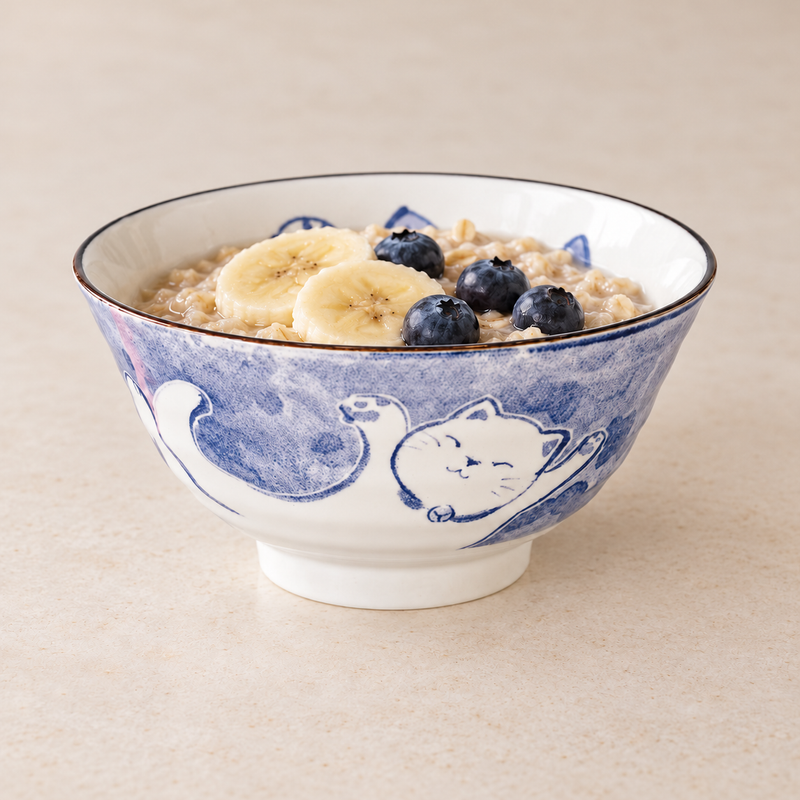 MT55-MCP cat bowl with creamy grains, banana slices and blueberries; no utensil is shown.