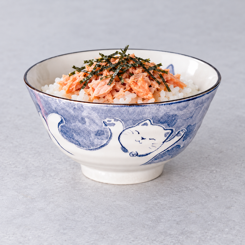 MT55-MCP cat bowl holding white rice, pink-orange flaked salmon and dark seaweed strips, with no utensil shown.