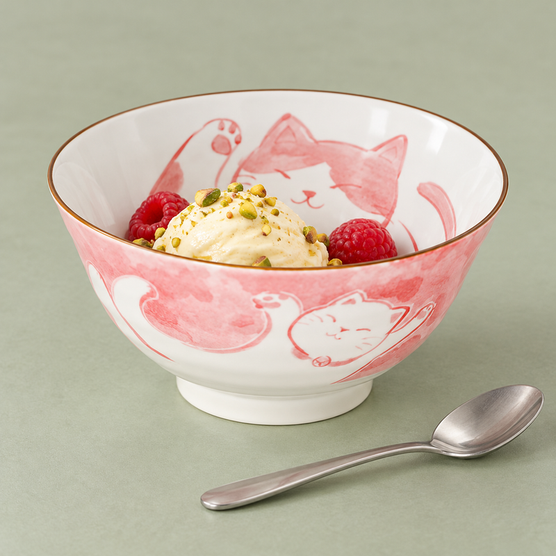 MT55-MCR cat bowl with a pale frozen-dessert-style scoop, raspberries and chopped green-brown nut pieces; a metal spoon lies beside it in the lower-right foreground.