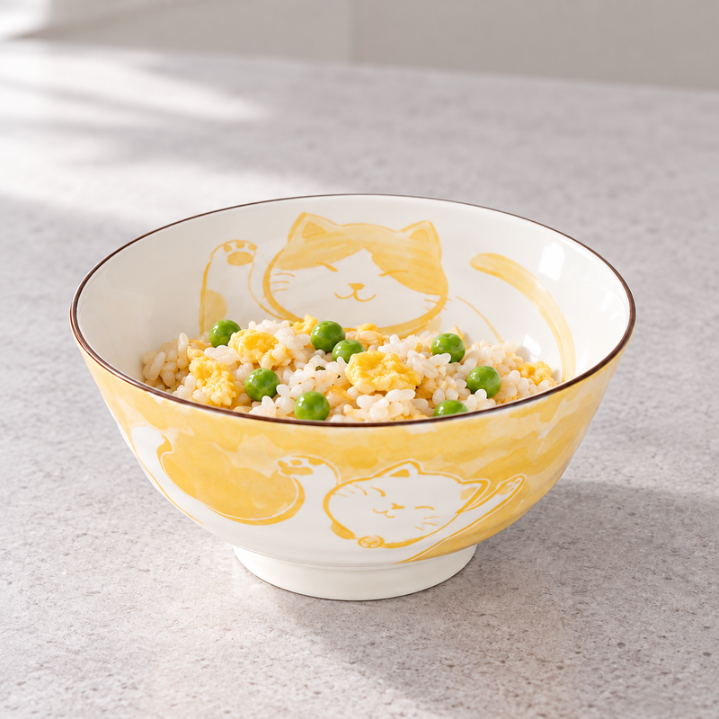 MT55-MCY cat bowl with rice, yellow egg pieces and green peas; no utensil or other dish is shown.