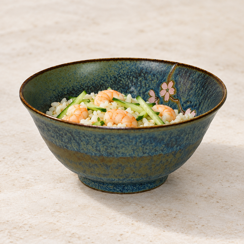MT56-HBL Sakura-pattern bowl holding rice, shrimp and cucumber strips, with pink blossoms visible behind the serving.