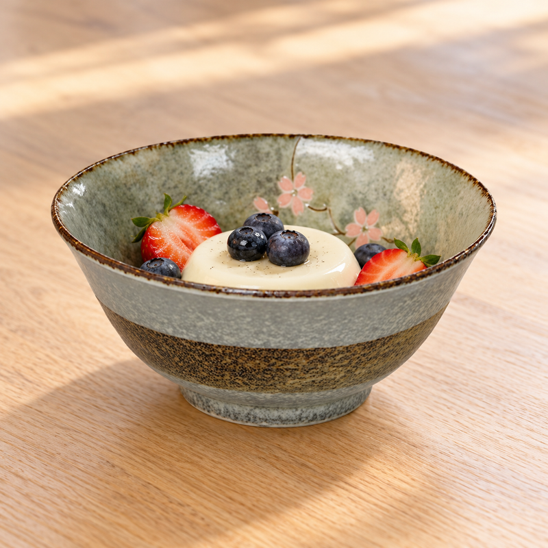 MT56-HGR bowl with a pale molded dessert, strawberry halves and blueberries, with no utensil shown.