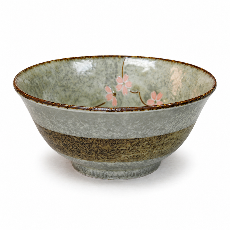 Empty MT56-HGR bowl showing pink blossoms on the rear inner wall, a mottled gray-green surface, thin brown rim, dark exterior band and low ring foot.