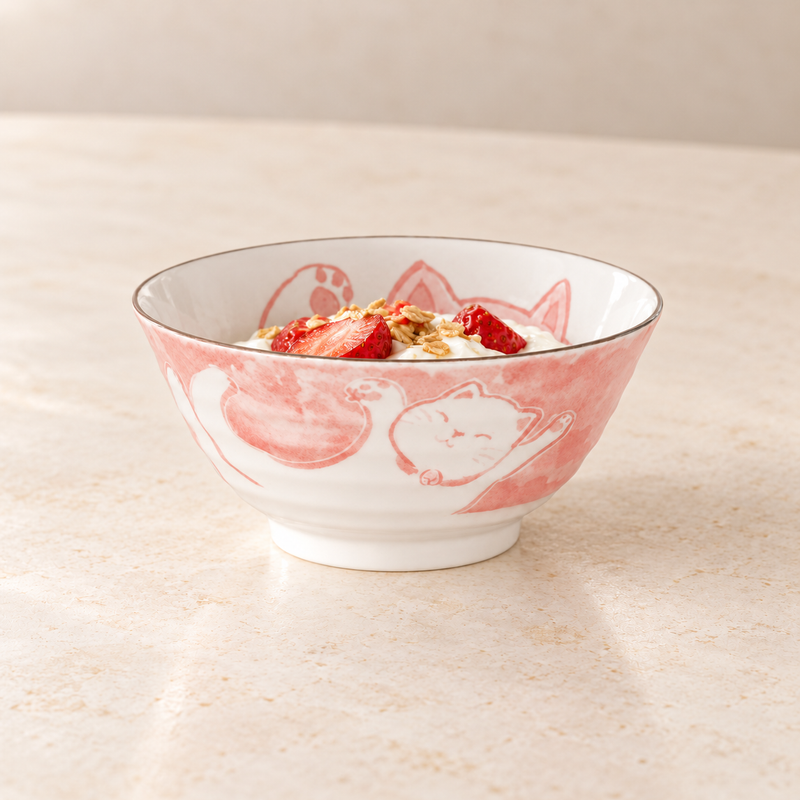 MT56-MCR pale pink cat bowl with a white creamy serving, sliced strawberries and golden cereal-like topping