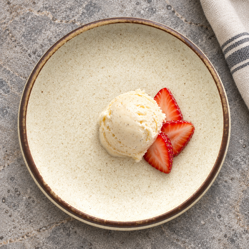 Ice cream and strawberry slices in the MT57-WH beige brown-rim deep plate