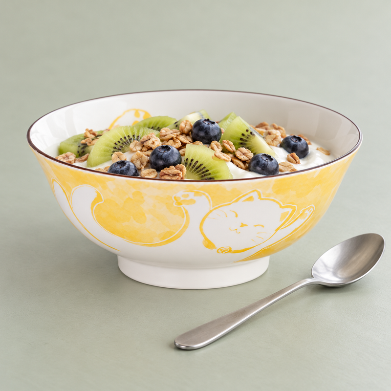 MT573-MCY bowl with a white creamy base, kiwi, blueberries and granola; a silver spoon rests outside at the lower right, angled toward the lower left.