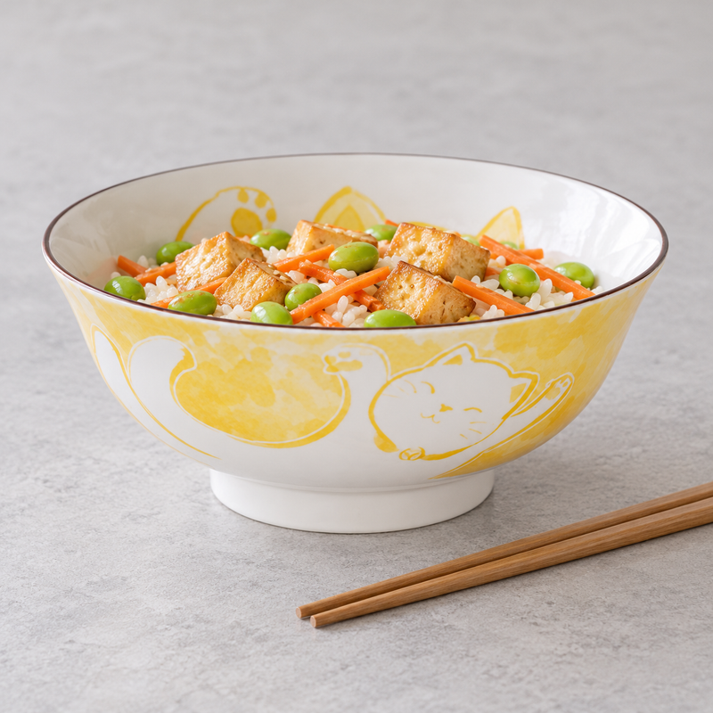MT573-MCY bowl of rice with orange strips, green beans and browned pale cubes; wooden chopsticks rest outside at the lower right.
