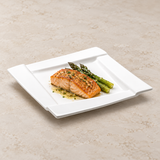 MW1-51-05 white stepped-rim square plate with salmon and asparagus