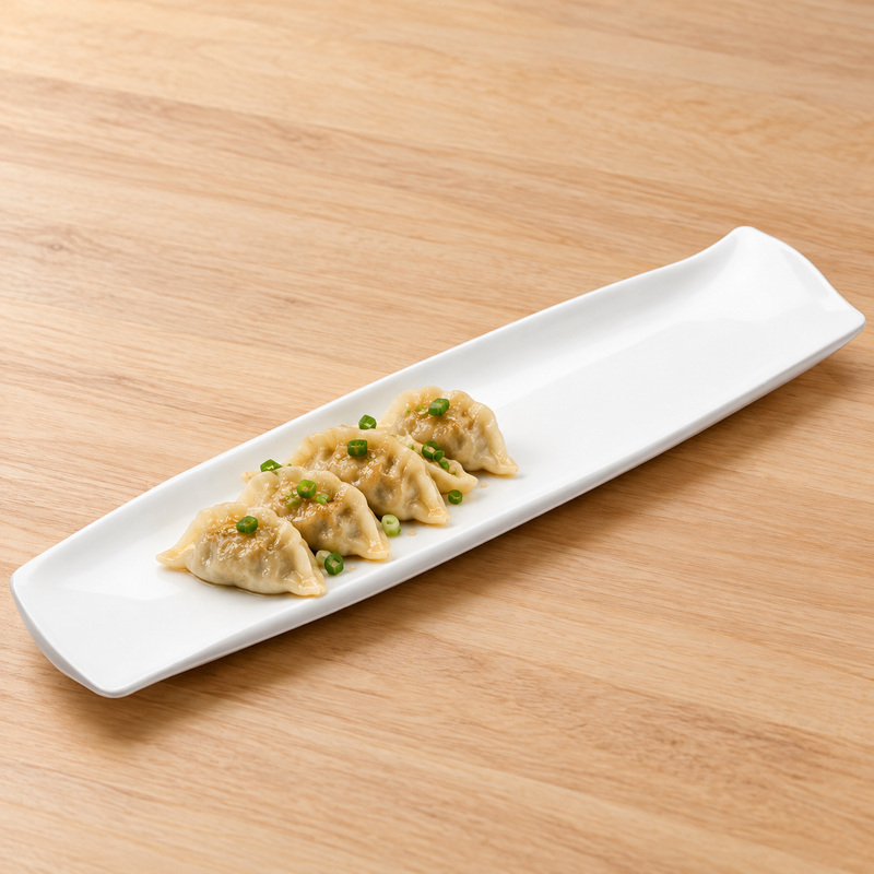MW4452 white narrow rectangular platter with dumplings
