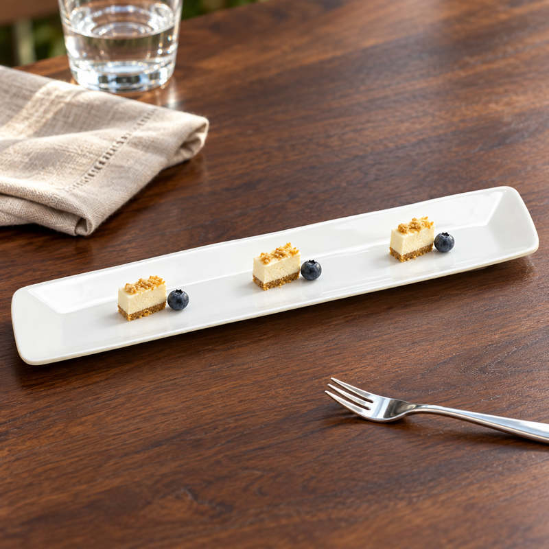 MW6-02 long narrow white plate with three petite cheesecake bites and blueberries beside a dessert fork and water glass; serving suggestion