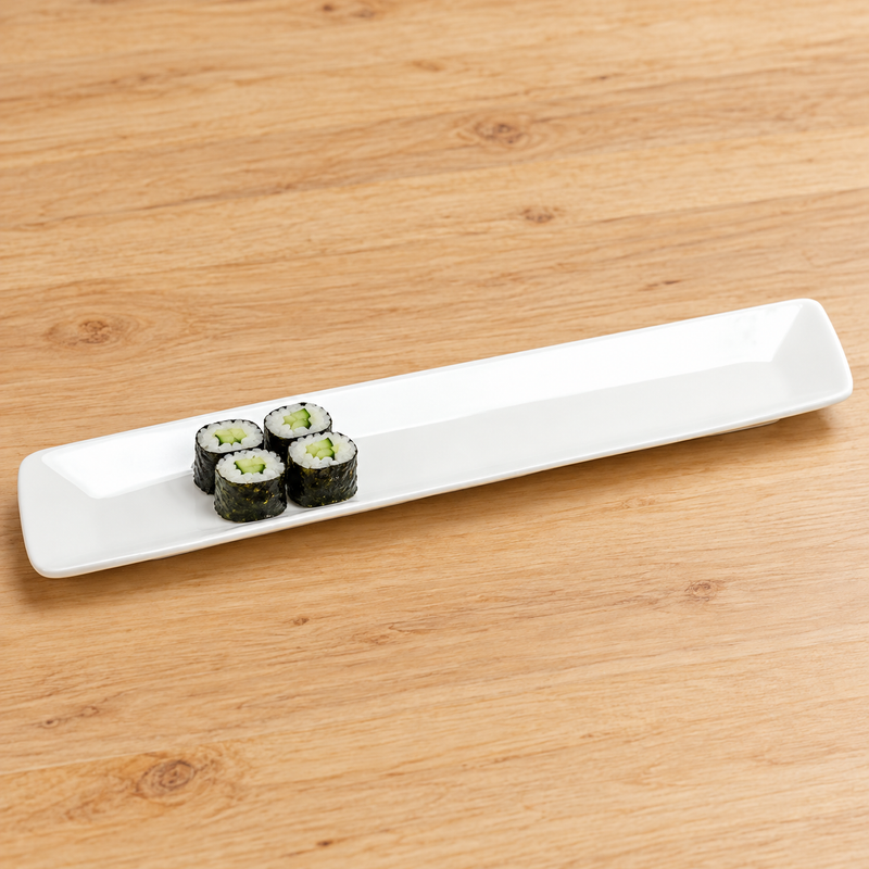 MW6-02 white narrow plate with cucumber sushi rolls