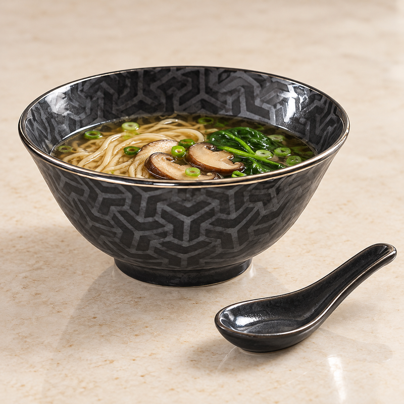MY56-GKK bowl with noodles in broth, mushroom slices, greens and scallions; a separate black spoon rests in front-right.