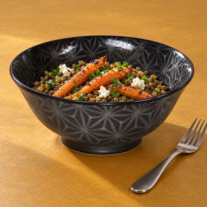 MY578-GAL bowl with roasted carrots over mixed grains and legumes, white crumbles and leafy garnish; a separate fork rests in front-right.