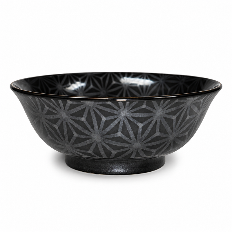 MY578-GAL black-and-silver ceramic bowl showing a six-point star-like pattern, flared round rim and short ring foot.