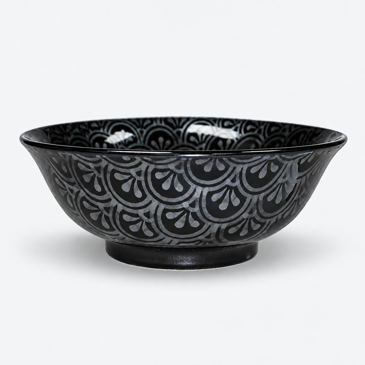 Ceramic Ramen Bowl — 42 fl. oz., Black, Silver, Angled patterned bowl product view